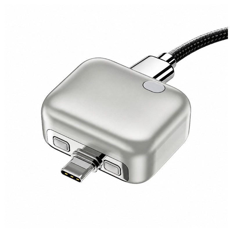 Smart auto-disconnect USB-C charging cable with silver metallic housing and braided nylon cord close up.