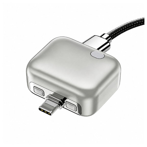 Smart auto-disconnect USB-C charging cable with silver metallic housing and braided nylon cord close up.