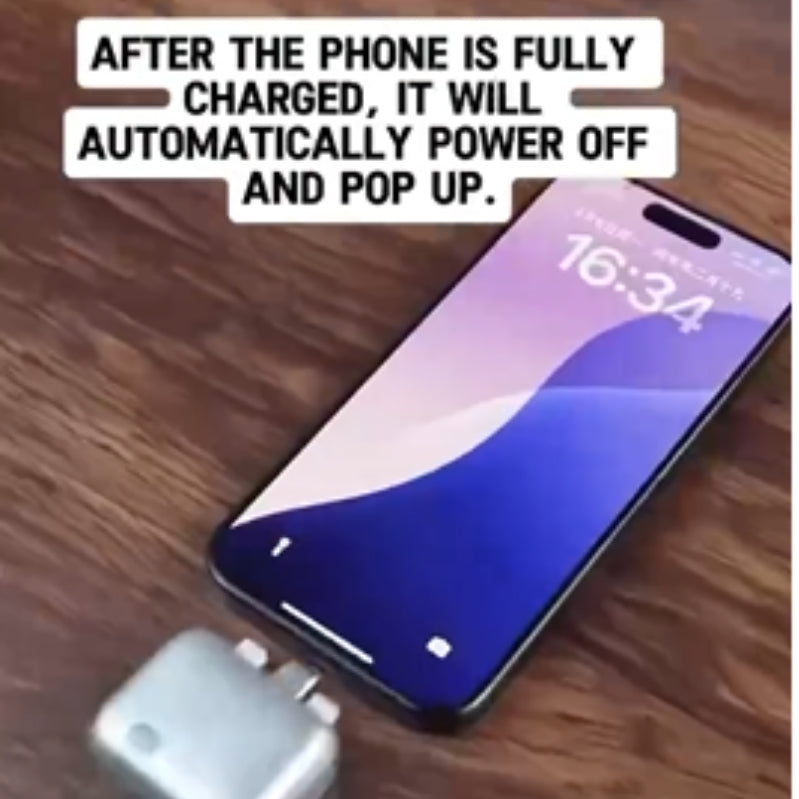 Intelligent phone charger plug disconnected and popped out of a smartphone after reaching full charge.