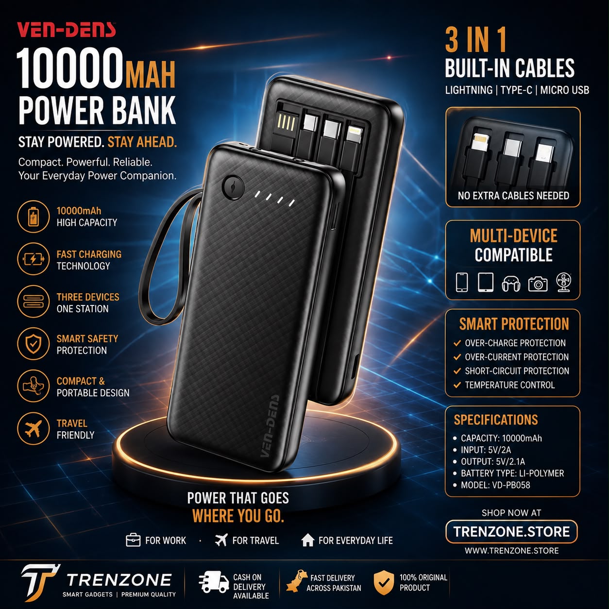 VEN-DENS 10000mAh Power Bank – 3-in-1 Built-in Cable Fast Charging Power Bank