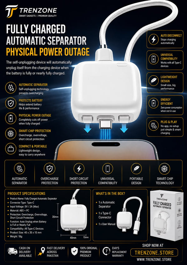 Smart Auto-Disconnect USB-C Charging Cable – Anti-Overcharge Fast Charger with Auto-Pop Out Mechanism
